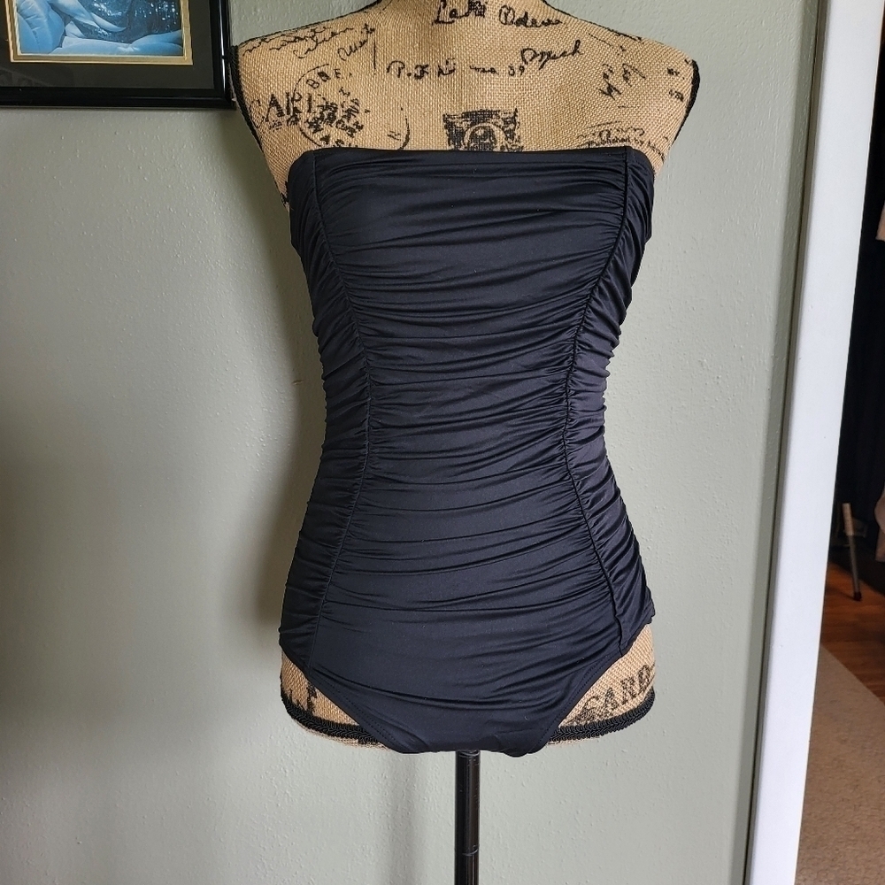 DKNY Shirred Bandeau Maillot One Piece Swimsuit Ruched Black Size 6